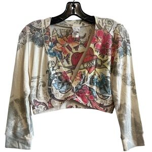 Multicolor Floral Tattoo Print Cropped Cardigan Size Large